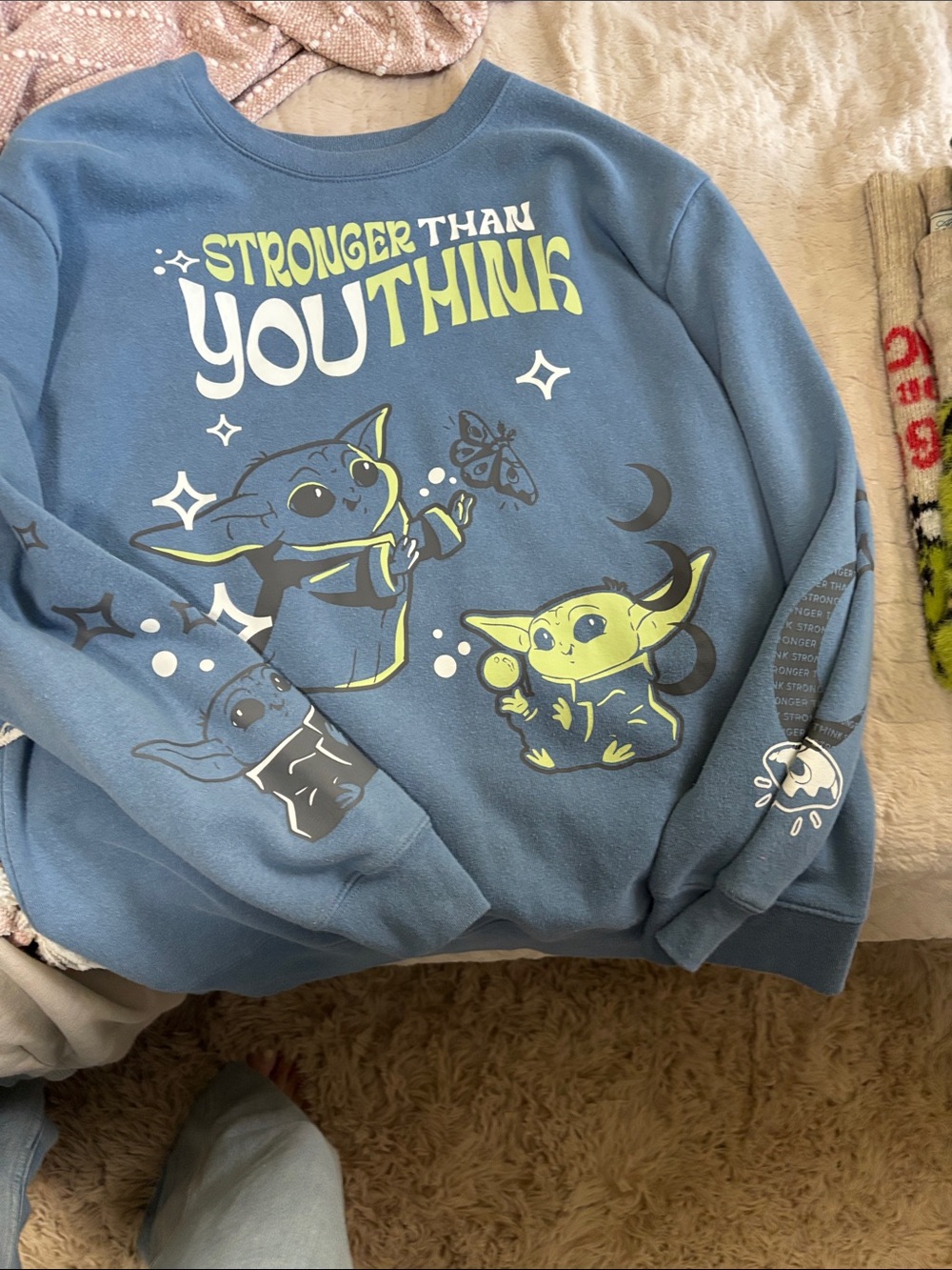 Star Wars Blue Crewneck Sweatshirt with Neon Yellow Baby Yoda Graphic